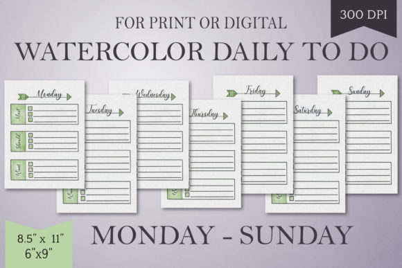 Green Watercolor Daily to Do List-Mon-Su - Print Templates