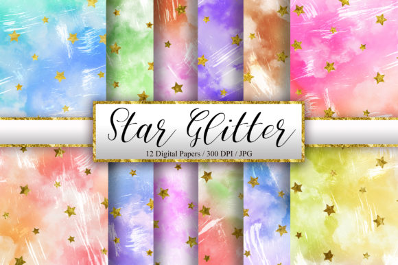 Grunge Sky Watercolor and Star Glitter Backgrounds