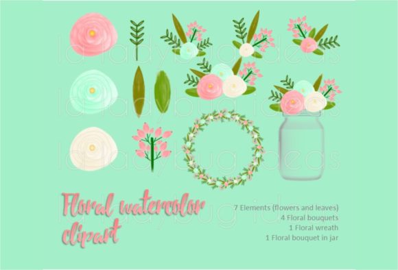 Mint and Coral Watercolor Floral Clipart and Decorative Elements