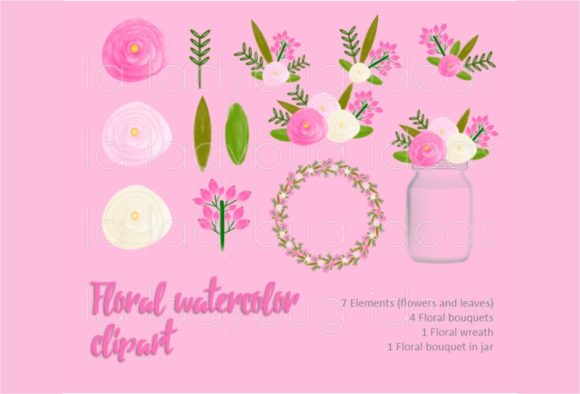 Pink Watercolor Floral Clipart and Decorative Elements