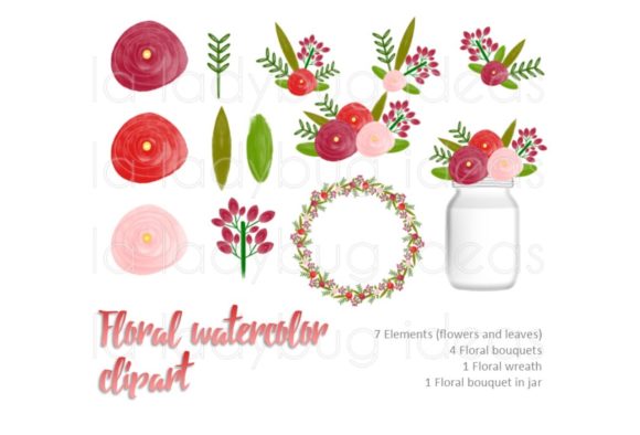 Red and White Watercolor Floral Clip Art and Decorative Elements
