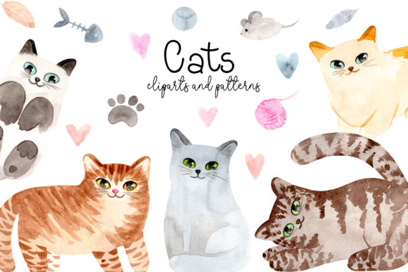 Watercolor Cute Cats: Patterns, Cliparts