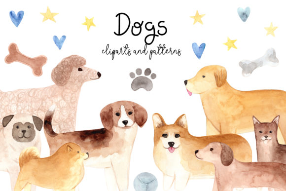 Watercolor Cute Dogs. Patterns, Cliparts for Crafts