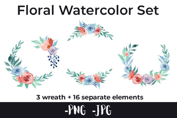 Watercolor Flower Rose Wreath Set