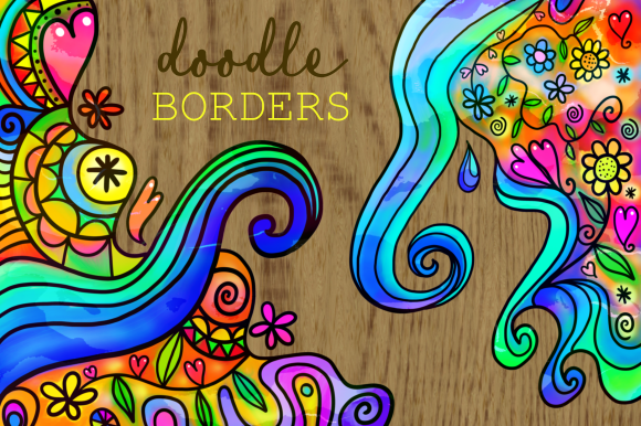 Watercolor Ink Folk Art Doodle Borders and Backgrounds