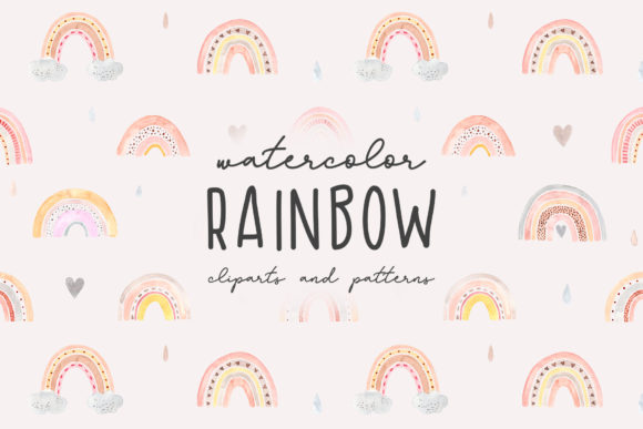 Watercolor Rainbow. Cliparts and Pattern